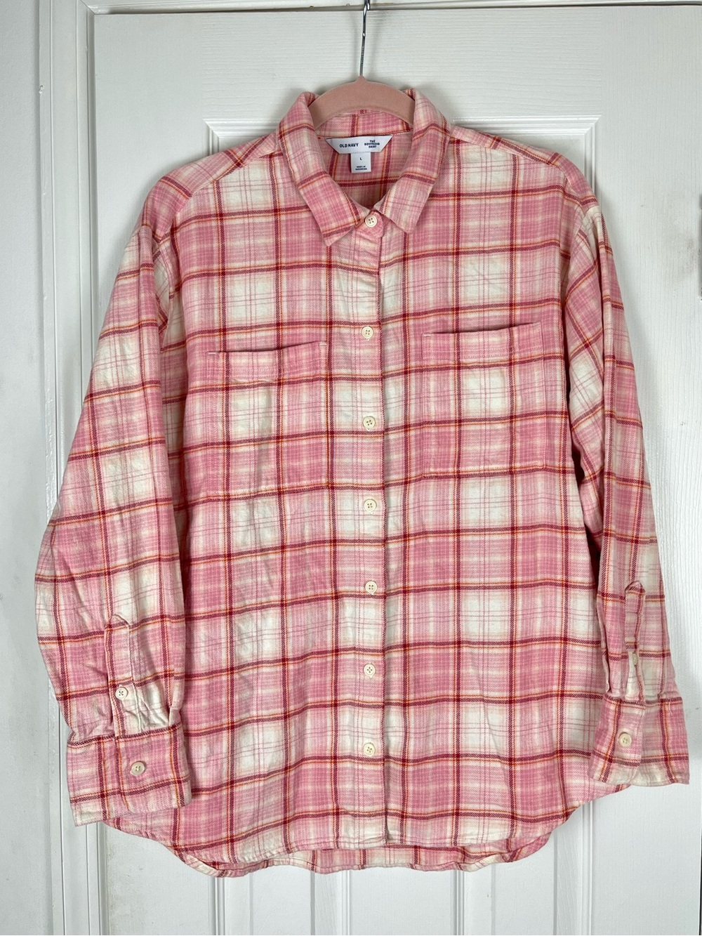 Old Navy The Boyfriend Shirt Pink Plaid Long Sleeve Flannel Button Up Shirt Sz L